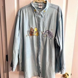 Disney Store Winnie The Pooh Embroidered Blue Button Down Shirt XXL